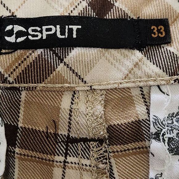Split men's plaid shorts brown tan cream zip flat front size 33 waist - Picture 6 of 9
